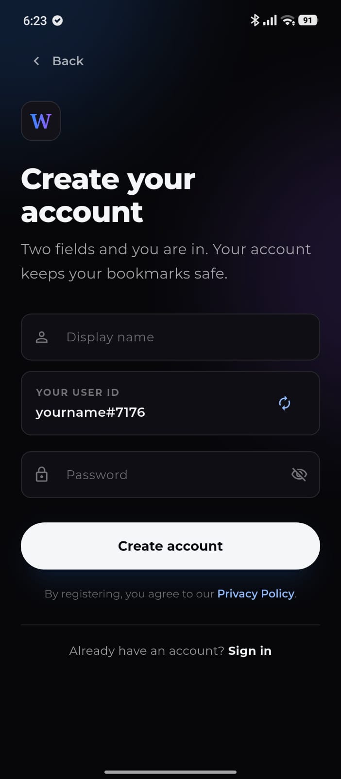 Wofo create account screen