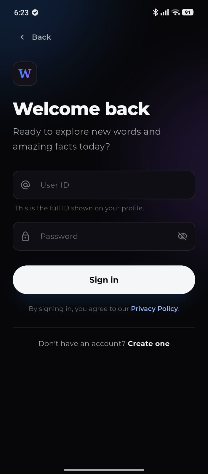 Wofo sign in screen