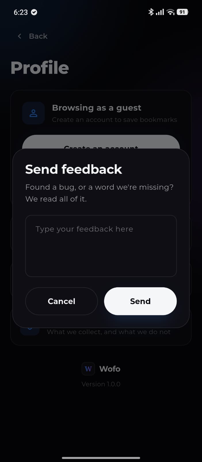 Wofo send feedback screen
