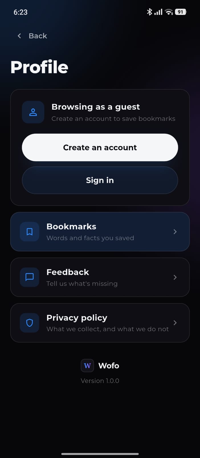 Wofo profile screen