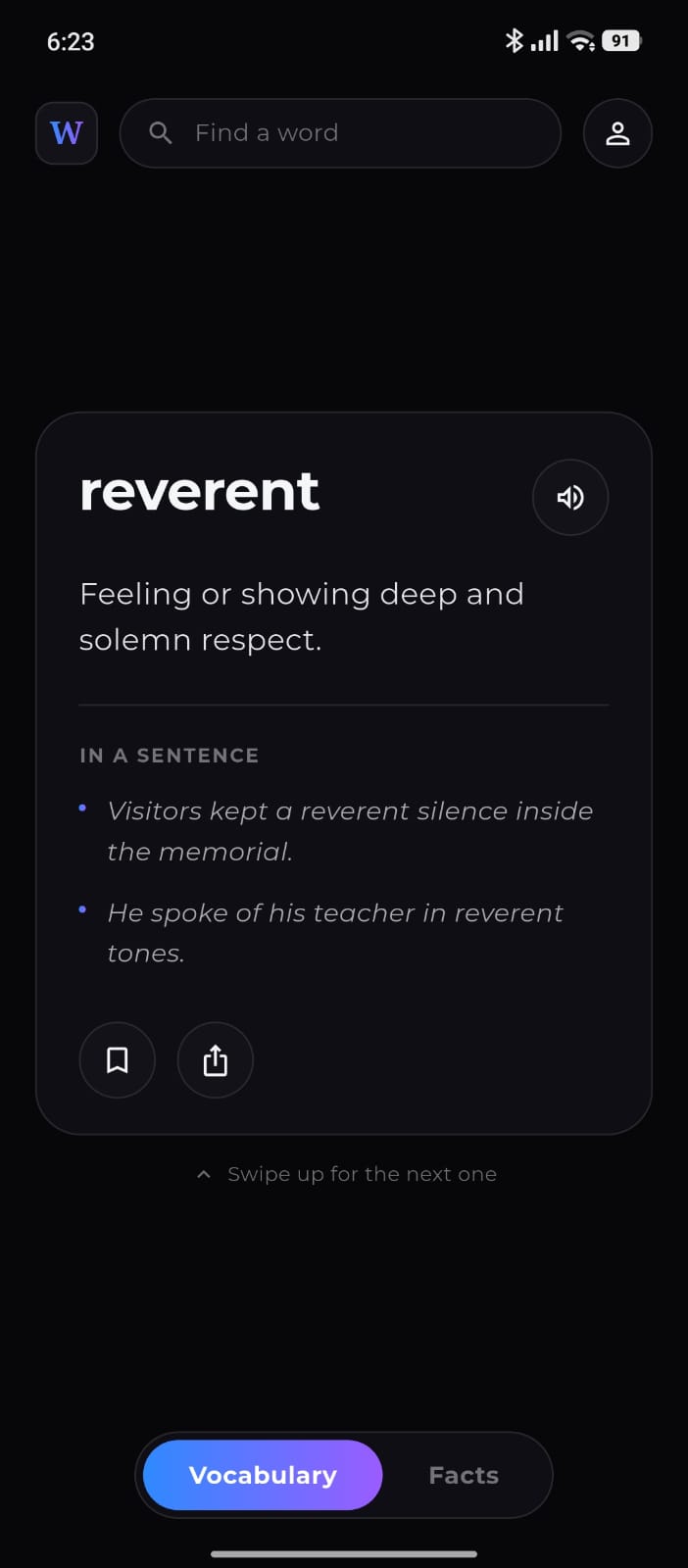 Wofo word detail screen showing the word reverent